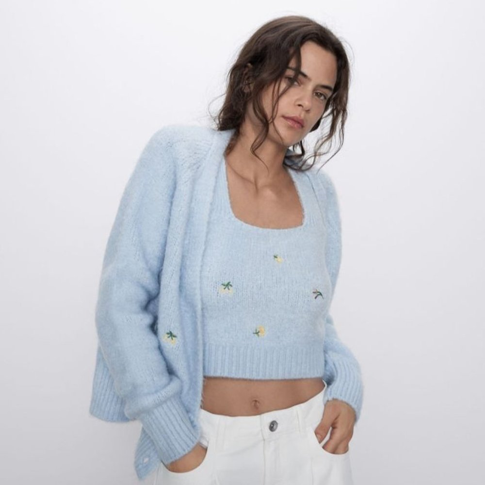 Zara Floral Embroidered Knit Top L - Picture 3 of 5